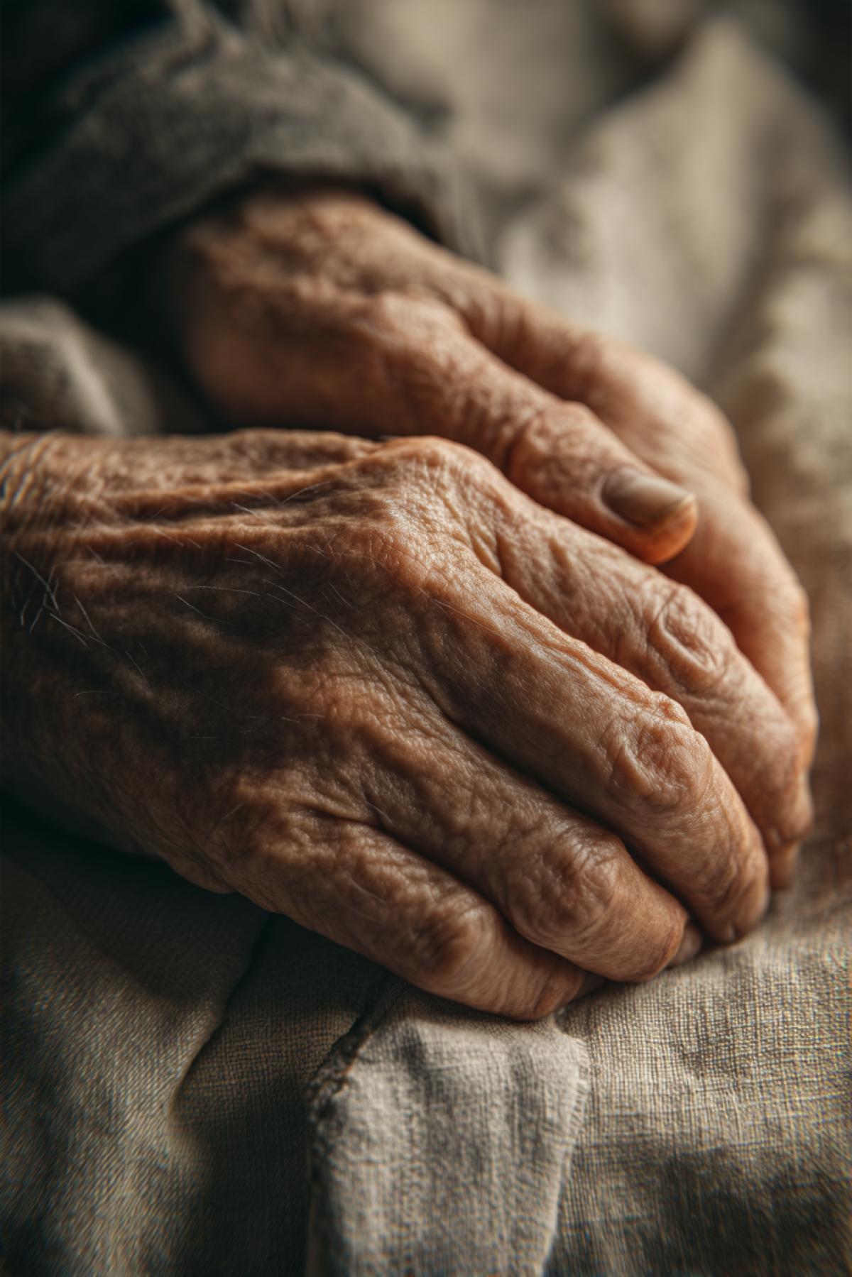 A hyperrealistic close-up of two aged hands gently clasped together, resting on a linen cloth. The skin is detailed with fine lines, veins, sunspots, and scars each wrinkle telling a story. Soft diffused daylight from a window highlights the textures and contours of the hands. Background blurred in a creamy bokeh. Cinematic com4k, subtle warmth in tones, shallow depth of field, captured with a Leica SL2 + 90mm f/2.0 lens, 8K ultra-HD detail, (Masterpiece: 1.5), (best quality: 1.5), storytelling image, 4k and poetic, pure realism.