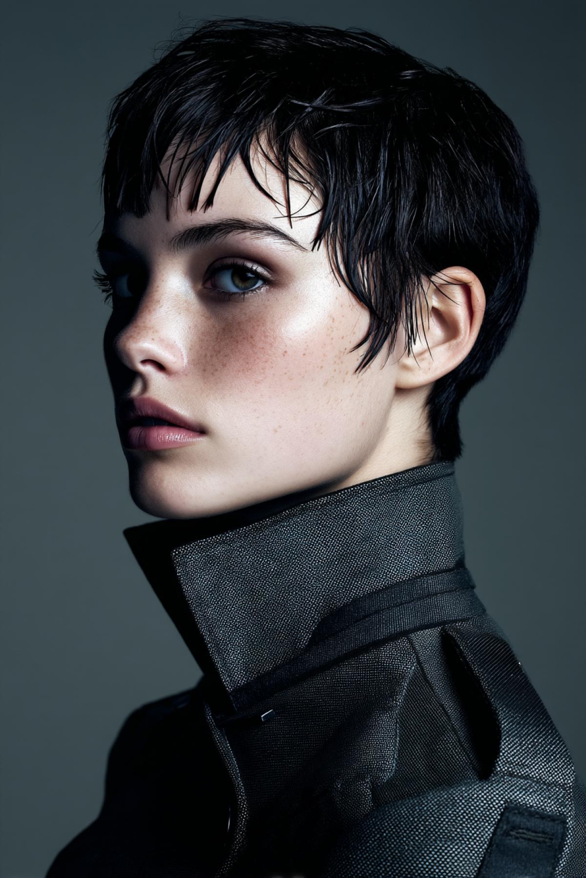 A cinematic studio portrait of a young woman with striking asymmetrical features and short dark hair in a sculptural wet look. Her skin is porcelain-smooth with natural texture, a hint of freckles, and soft contour shadows across her high cheekbones. Shes wearing a matte graphite-toned structured jacket with futuristic tailoring. The background is a neutral charcoal gray gradient, with dramatic Rembrandt lighting sculpting her face. Studio setup: Canon EOS R5, 85mm f/1.2, three-point lighting with softboxes and rim light, ISO 100, f/2.0, 1/160s. Ultra-sharp focus on eyes, bokeh fades into clean softness. 8K texture, (Masterpiece: 1.5), (best quality: 1.5), fashion editorial quality, art-photography aesthetics.