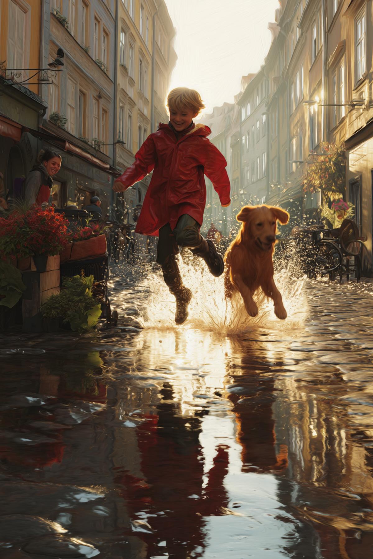 A hyperrealistic street scene captured in golden hour lighting: a young boy in a red raincoat jumping mid-air over a puddle, water splashing in perfect arcs, while his golden retriever leaps alongside him. Behind them, a flower vendor smiles as petals scatter in the breeze. Reflections shimmer in wet cobblestones; sun flares peek between historic buildings. Motion blur in the background contrasts with the sharpness of the boy and dog. Depth of field, light dispersion through droplets, skin texture, fabric folds, fur strands, and reflective surfaces all rendered with cinematic precision. Shot with a Leica SL2, 35mm f/1.4, ISO 200, 1/1000s. (Masterpiece: 1.5), (best quality: 1.5), (photorealism: 1.5), 8K, dynamic storytelling com4k, rich natural color palette, subtle emotions, overdetailing.