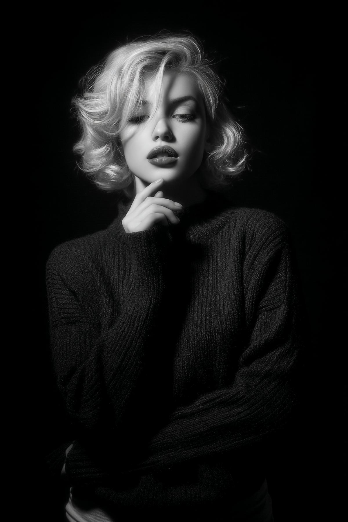 monochrome, noir,. girl in dark sweater on dark background, scarlet lips,  peter lindberg, blonde princess, x-ray, 5 0 0 px model,. professional photo