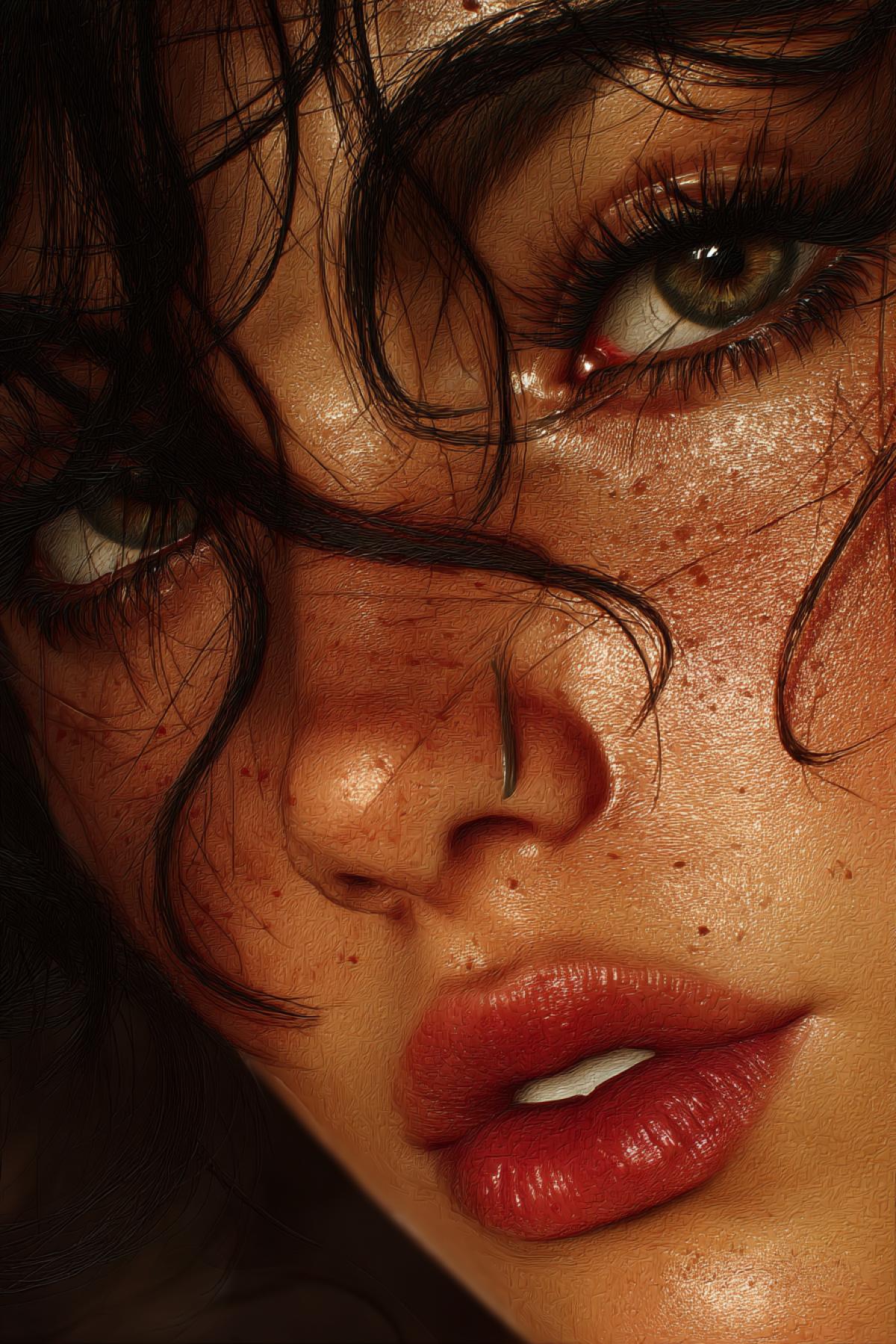 Girl, close-up face, dark curly hair, lipstick, long eyelashes, licks her lips, as realistic as possible, digital art technique