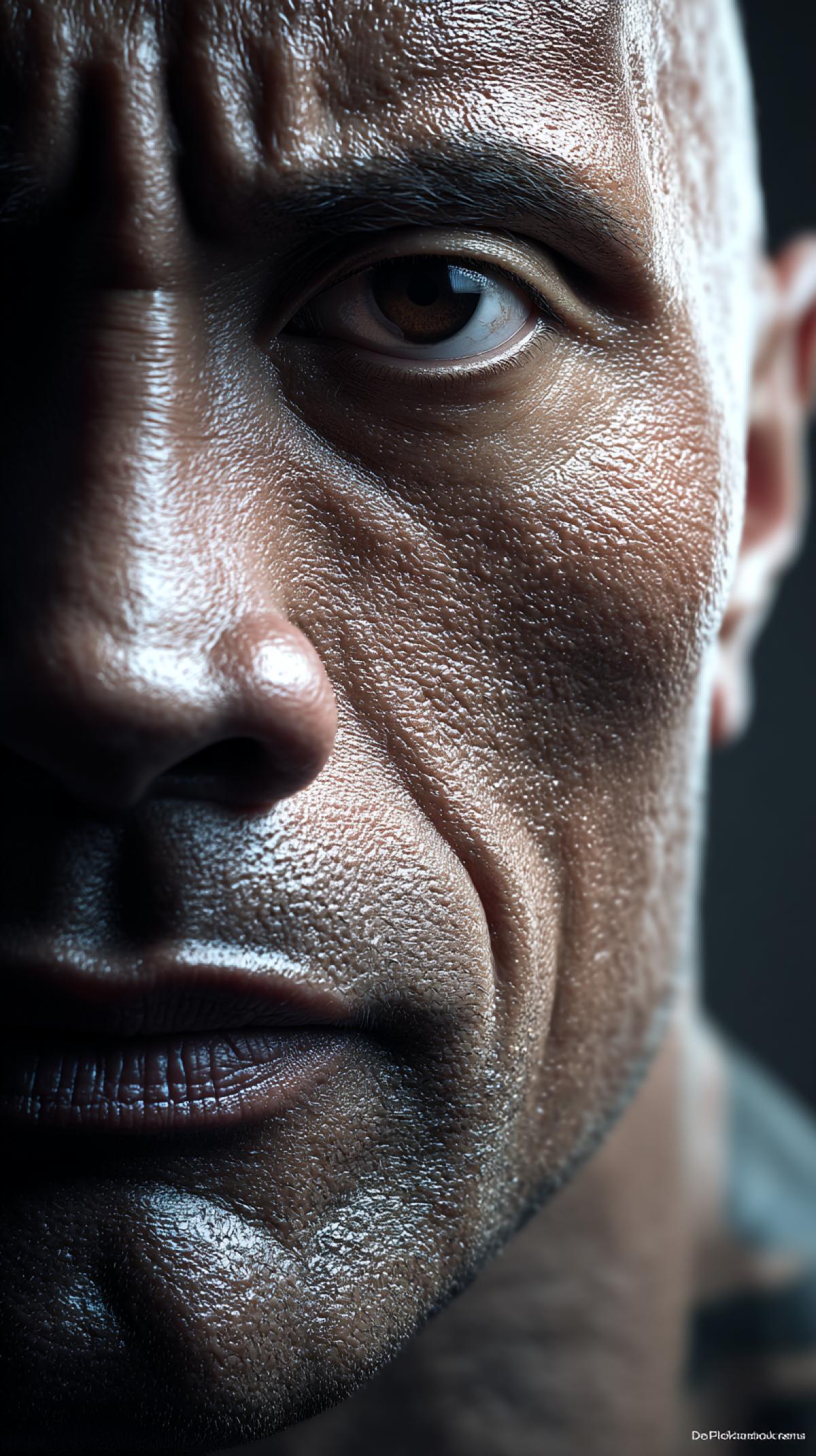 Photorealistic, dramatic lighting, Dwayne \"The Rock\" Johnson (animated, but photorealistic rendering), intense gaze from The Rock, , 8k resolution, style expressive