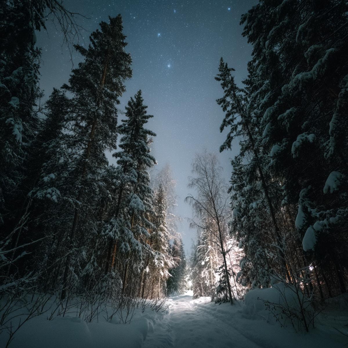 beautiful dark night winter landscape snow in finland, realisthic forest landscape, dark night, stars, photorealism, blizzard. This focus stacked photo was taken using a Canon EOS R5 at f/8 and ISO 200 h otographic, hyper details, shot on Canon EOS R5 + RF-S 18-45mm