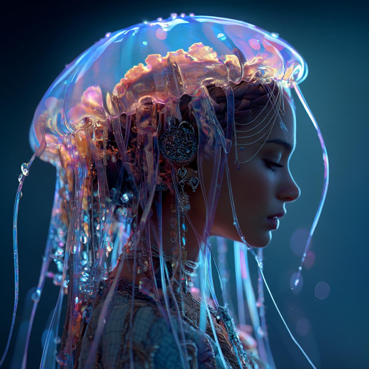 jellyfish girl, beautiful, iridescent, jellyfish hybrid