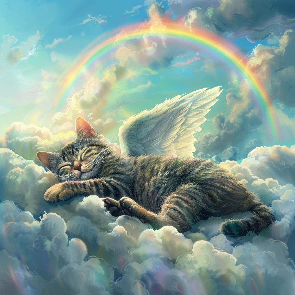 In the sky on fluffy clouds, a gray cat with stripes sleeps, a thick, sweet with the wings of an angel on the back, lies on the clouds, hugs clouds, against the background of a rainbow, fluffy clouds. Photos of high quality, realistic, high quality