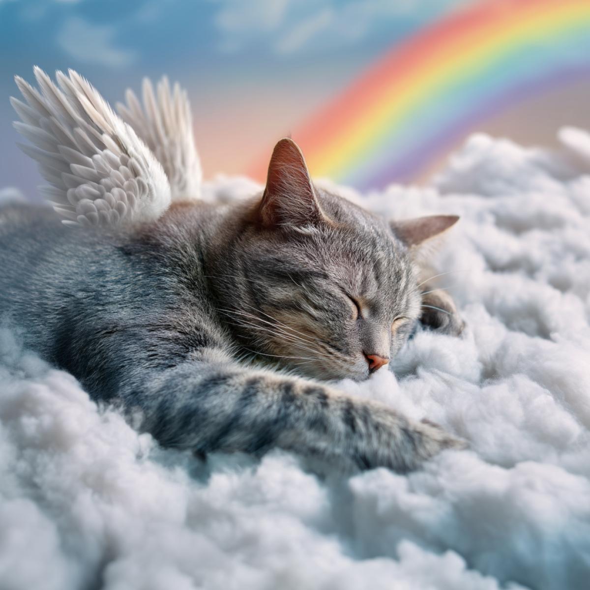 In the sky on fluffy clouds, a gray cat with stripes sleeps, a thick, sweet with the wings of an angel on the back, lies on the clouds, hugs clouds, against the background of a rainbow, fluffy clouds. Photos of high quality, realistic, high quality