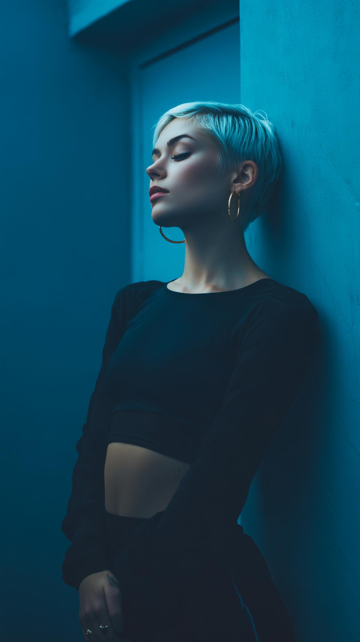 Dark moody luxury 85 mm full portrait of a nordic personal trainer with trendy blue sportswear, gold hoop earrings and platinum pixie hair posing against a blue wall, 90s dark feminine vibes, rich girl, girl boss, sophisticated aesthetic, minimalist com4k with negative space, monochromatic color palette, subtle grain, dark blue background --no dark and white style raw profile 4pv28z1 stylize 1000