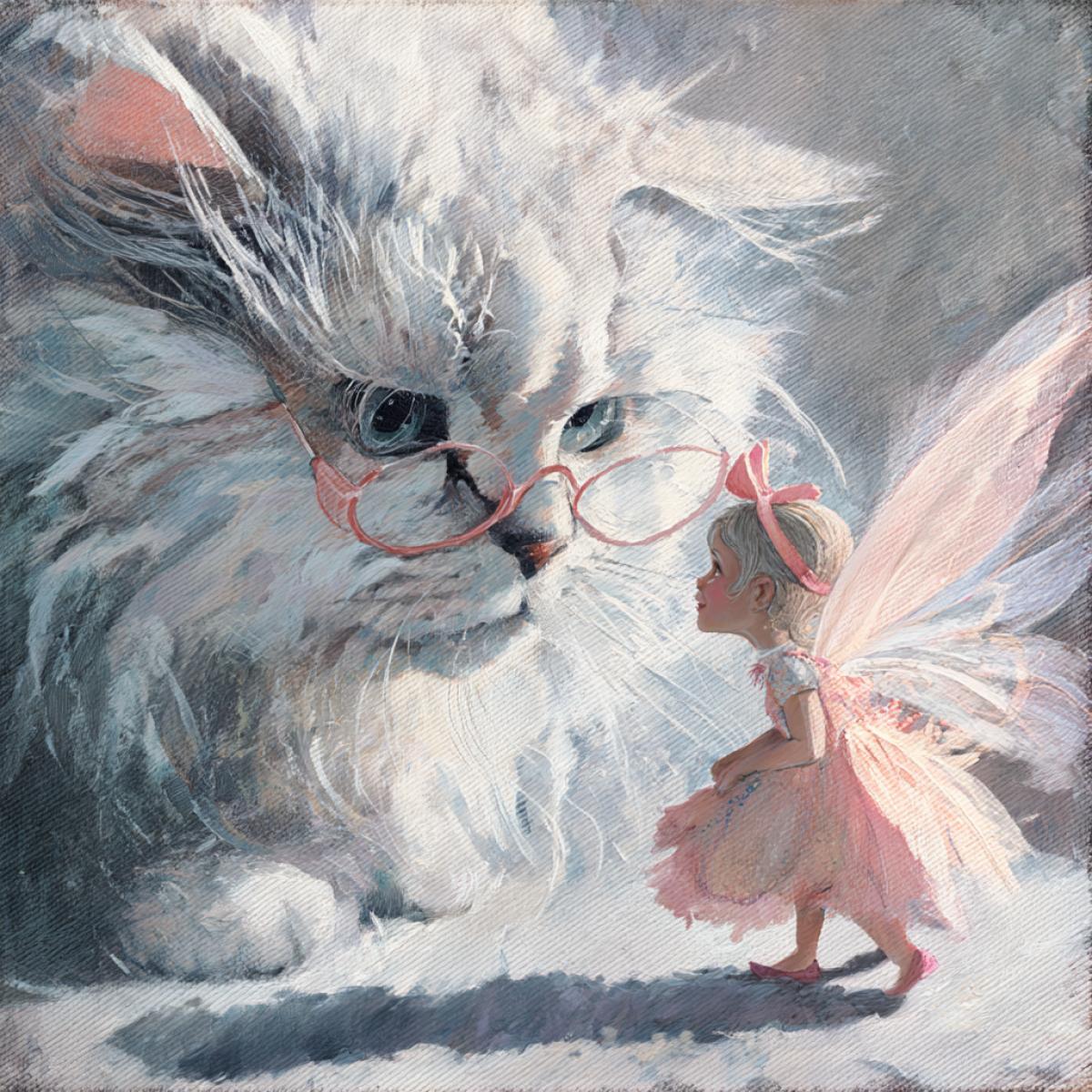 Fantasy in the style of childrens dreams in a pastel delicate palette, a cat, fluffy, fur drawing of a wool, looks at a tiny girl Fairy with wings, a girl in a dress of glasses and a pink bow