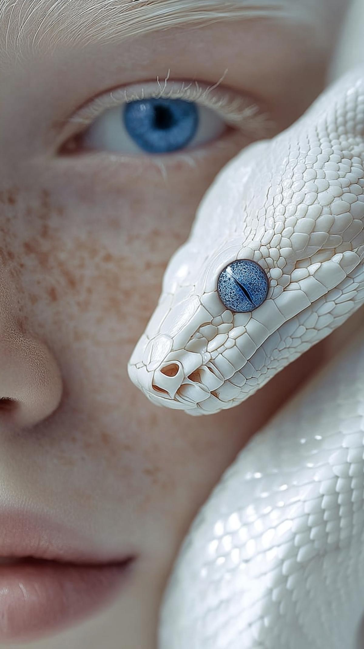 A white snake with blue eyes is wrapped around the face of a girlalbinos. Macroshooting, photo session for Vogue magazine, hyperrealistic photo
