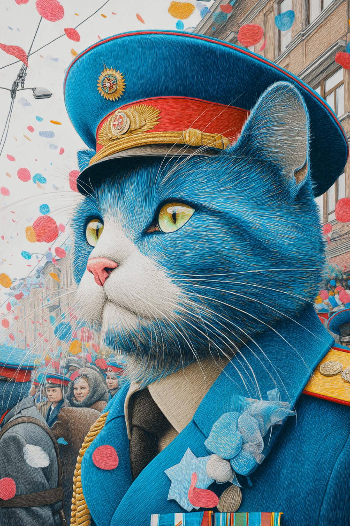 Blue Cat Irina Zenyuk at the parade of Victory Day drawing in the style of Irina Zenyuk