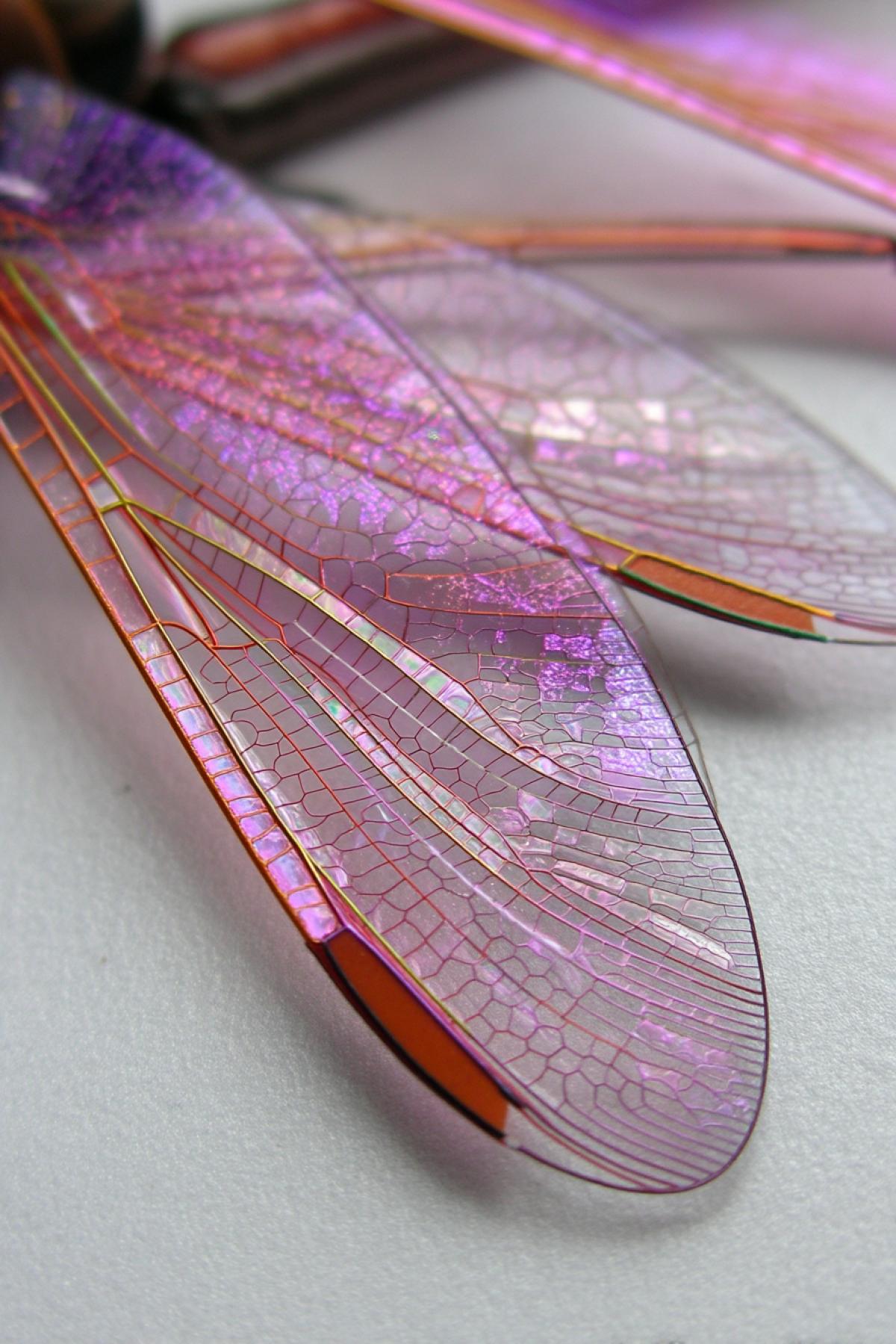 Close-up of dragonfly wings. Iridescent splashes in the bright sun. Fine, realistic drawing of details of transparent dragonfly wings.