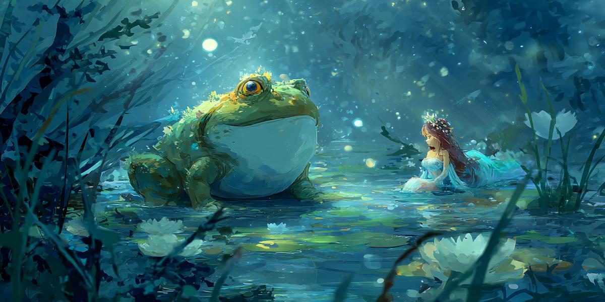 Cute frog in a swamp with a beautiful mermaid