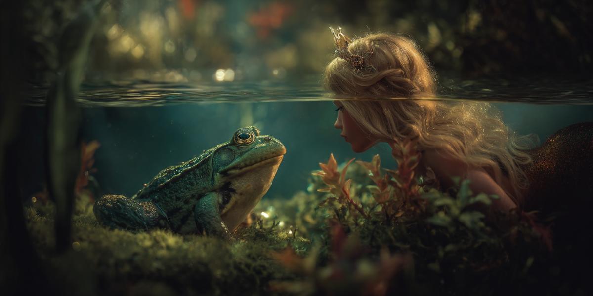 Cute frog in a swamp with a beautiful mermaid
