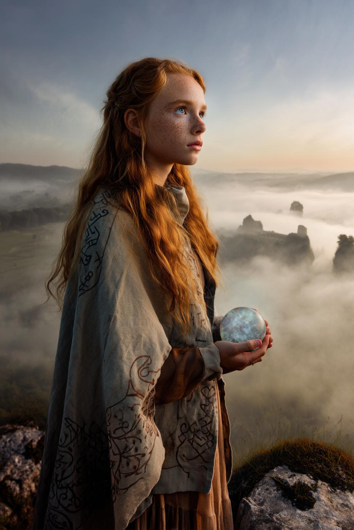 A hyperrealistic photo of a teenage red-haired girl, around 14, with natural freckles, standing luxuryfoot on the edge of a mist-covered cliff at dawn. Shes wearing a weathered linen cloak with delicate embroidered runes, slightly at the hem, glowing faintly blue in the morning light. In her hands she holds a levitating crystal orb radiating soft luminescence. Her expression is calm, eyes focused on the horizon, wind playing with her loose red braids. Behind her, a vast valley filled with swirling fog and faint silhouettes of massive forgotten stone structures. The scene is bathed in soft, diffused golden light, dramatic depth of field, with ultra-sharp detail on her face and hands. Inspired by Annie Leibovitz fantasy portraits, shot on a full-frame DSLR, f/1.4 lens, natural cinematic lighting, maximum detail, masterpiece quality, 8K photo, emotionally .