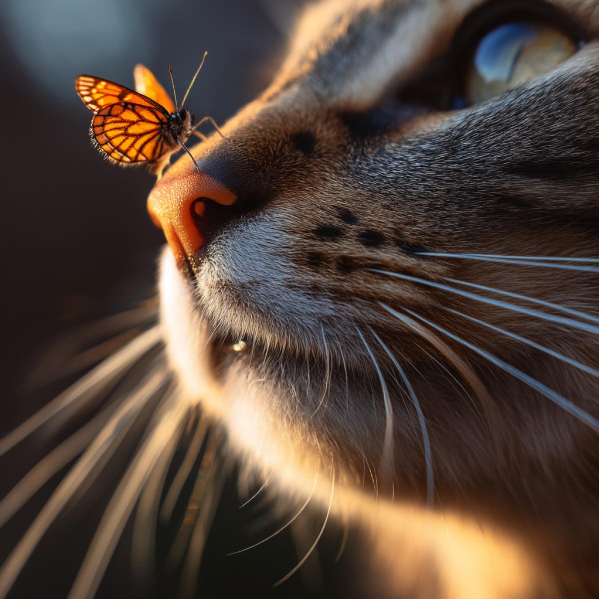 Color photograph Macro shot of a cat’s nose and whiskers with a butterfly on the cat’s nose outside golden hour