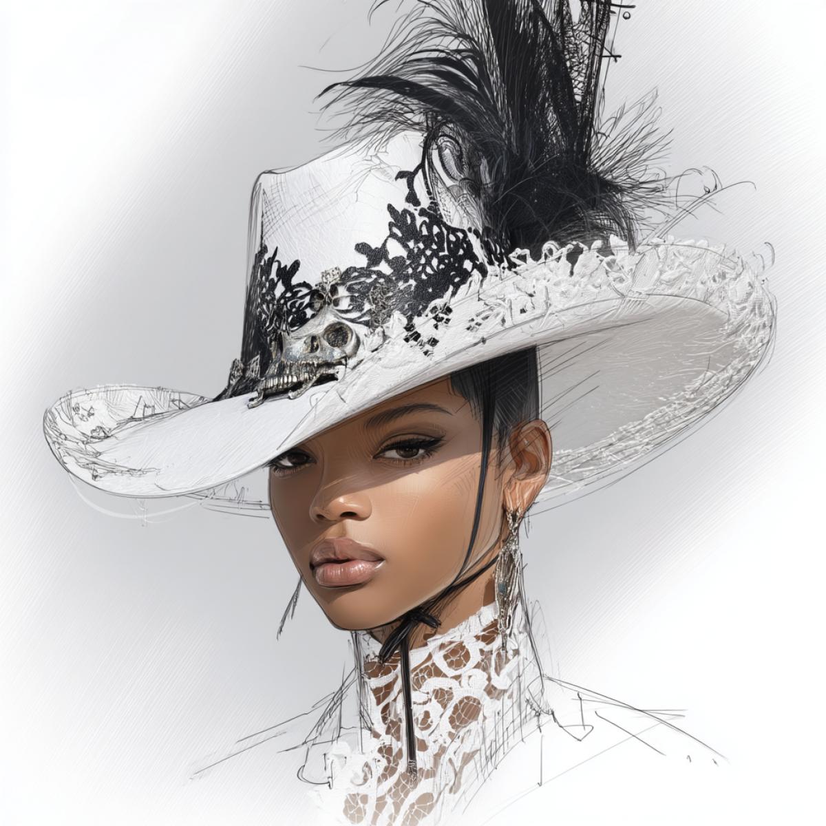 front view of a fashion croquis of a bipoc model wearing a modern high-fashion white cowboy hat adorned with dark lace, skull motifs, and a feather plume. The background is a light gradient or plain white to emphasize the hats intricate details, high-fashion style illustration, hand-drawn aesthetic with artistic flair