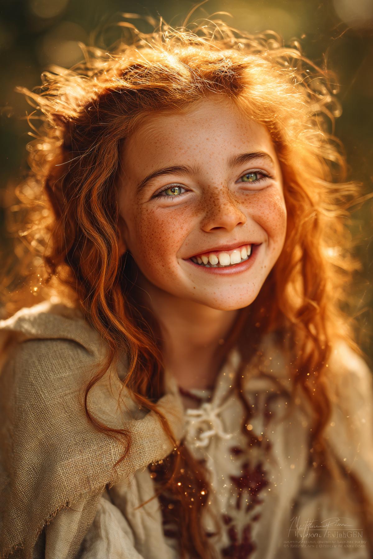 A hyperrealistic portrait of a joyful red-haired girl, around 12–14 years old, with bright green eyes and lots of freckles, smiling wide with genuine delight. Her loose fiery hair glows in the warm golden light of a magical forest clearing. Shes wearing a simple, handmade cream linen dress with embroidered flowers and a light cloak slipping off her shoulders. In her hands, a small glowing creature a floating light spirit, like a mix between a hummingbird and a wisp playfully hovers. Dappled sunlight filters through the leaves above, creating warm patterns on her face and shoulders. Behind her, blurred in soft bokeh, glowing mushrooms and faintly floating particles hint at enchanted woods. Ultra-detailed close-up, sharp focus on her expressive face and hands, joyful atmosphere, magical realism, full-frame DSLR, shot at f/1.2, soft golden hour lighting, cinematic warmth, ultra-HD 8K, masterpiece, emotionally uplifting.