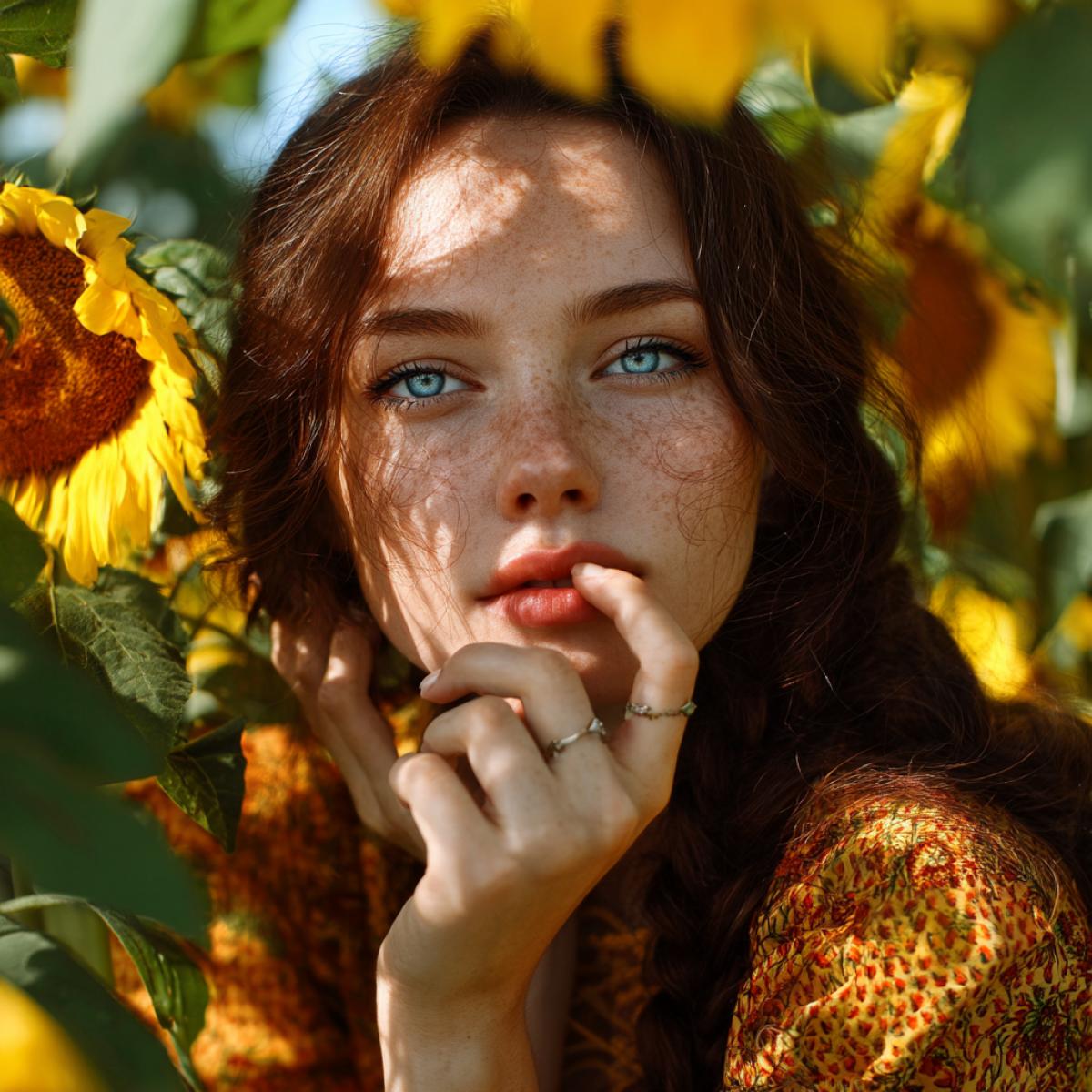 Beautiful girl, 25 years old, posing for photographs in sunflowers, lush hair, blue eyes, portrait shooting, photo Realist graphics, high detail