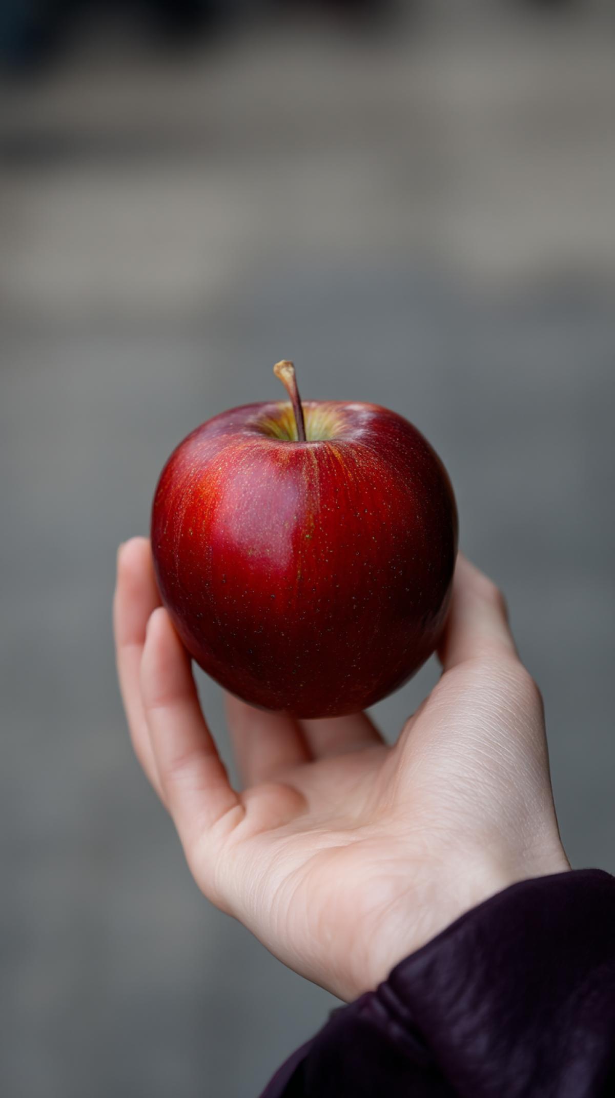 Bold bulk apple in the girls hand. Large. SUPPLE SUBSTURE. An apple is amused by a beam