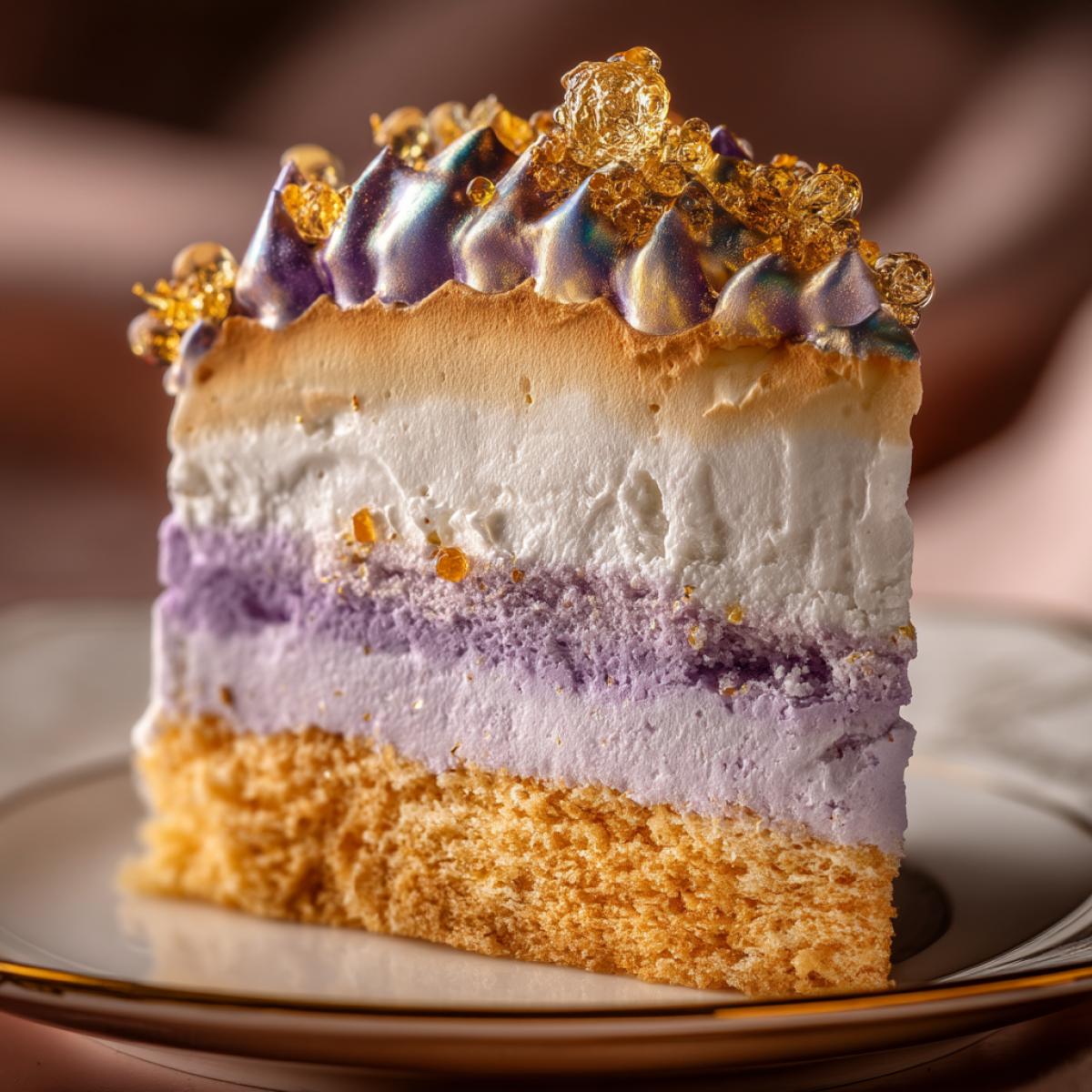 Macrophotography of a piece of a magic cake standing on a porcelain dish with a golden border. At the cake, shining layers the lower from crispy caramel meringue, the next is a delicate souffle with interspersed with violet petals, then thick lavender mousse, covered with overflowing icing of the color of the northern lights. Between the layers are drops, like amber jewelry. The top is decorated with tiny sugar crystals sparkling like diamonds, and gold threads, like a spider web from sunlight. One section is perfectly even, opening the inner texture. The light falls on the side, emphasizing the smallest details, the gloss of the glaze and the texture of the layers. Warm studio light, side on the background, 85mm lens, f/2.2, hyperrealism, ultrahigh resolution 8K, workshop feed, juicy colors, culinary masterpiece, VAU effect.