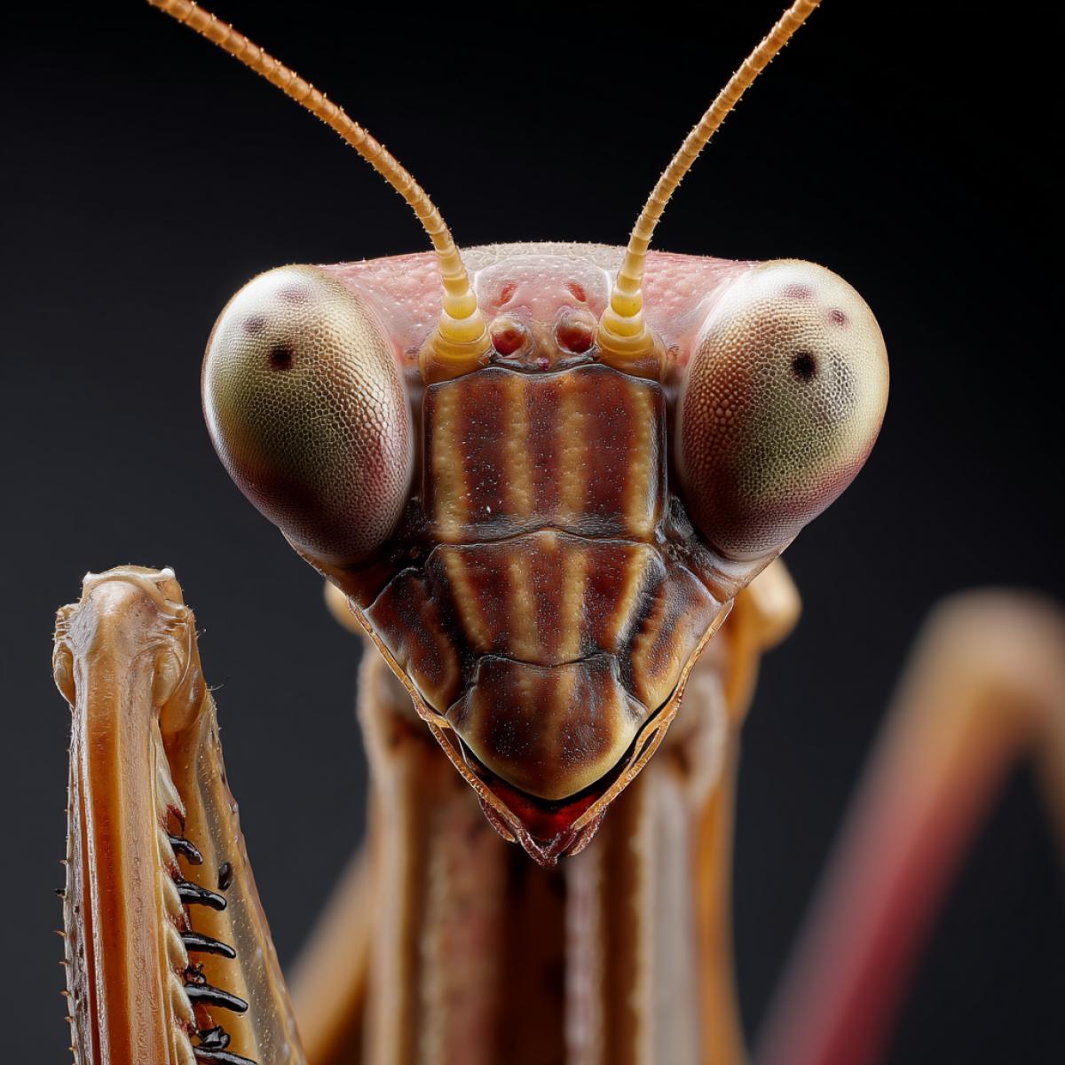 NAT GEO A detailed NATIONAL GEOGRAPHIC photograph of praying mantis, cinematic, photorealistic, extreme close-up, shot with a Canon EF 100mm f/2.8L Macro IS USM lens IS USM lens