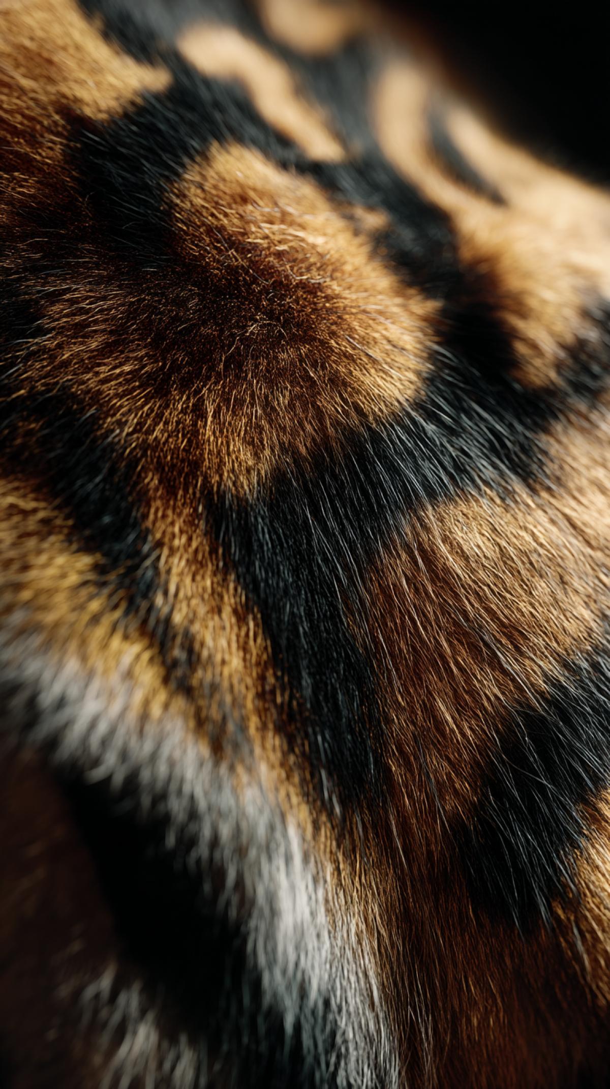 Photorealistic macro shot of animal skin textures, including tiger. Hyperdetailed, 8k resolution, sharp focus, dramatic chiaroscuro lighting, professional photography, texture map quality