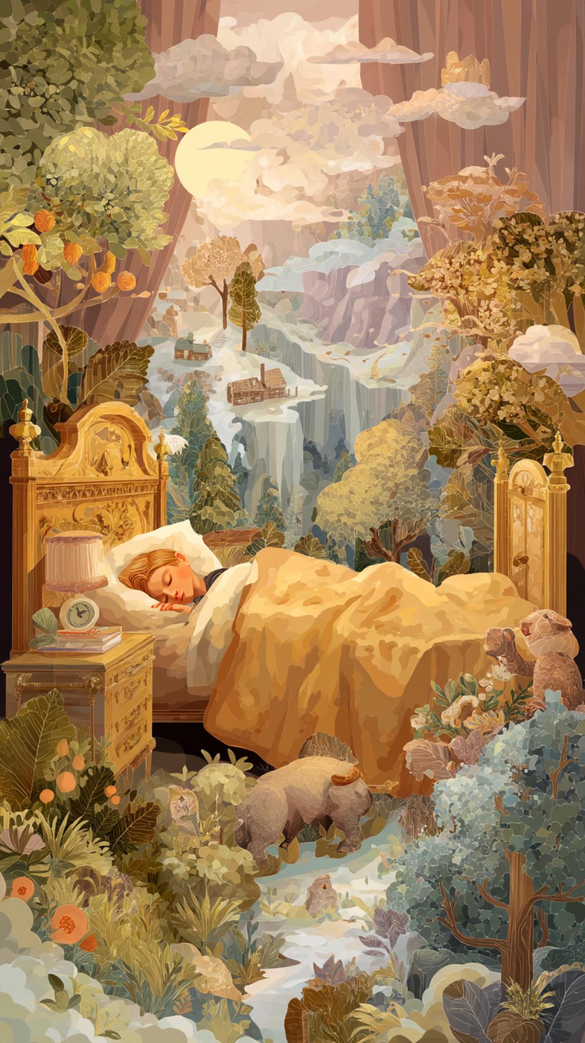 An image where sleeping people or animals will be the main characters. Let the scene conveys the atmosphere of peaceful sleep, where each element whether it is a cozy bedroom, a magical forest or a fabulous landscape enhances the feeling of rest and dreaminess.