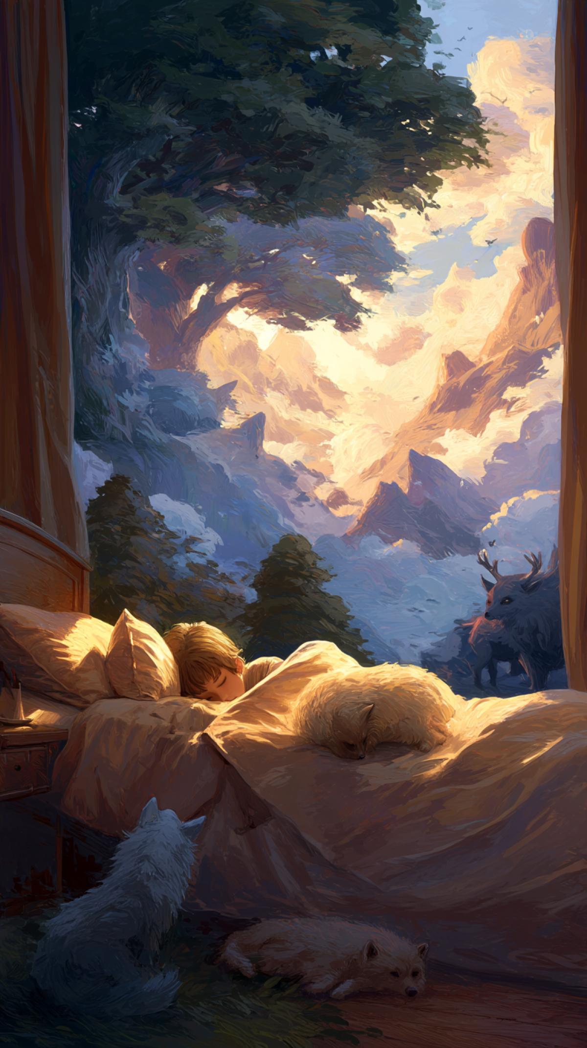 An image where sleeping people or animals will be the main characters. Let the scene conveys the atmosphere of peaceful sleep, where each element whether it is a cozy bedroom, a magical forest or a fabulous landscape enhances the feeling of rest and dreaminess.