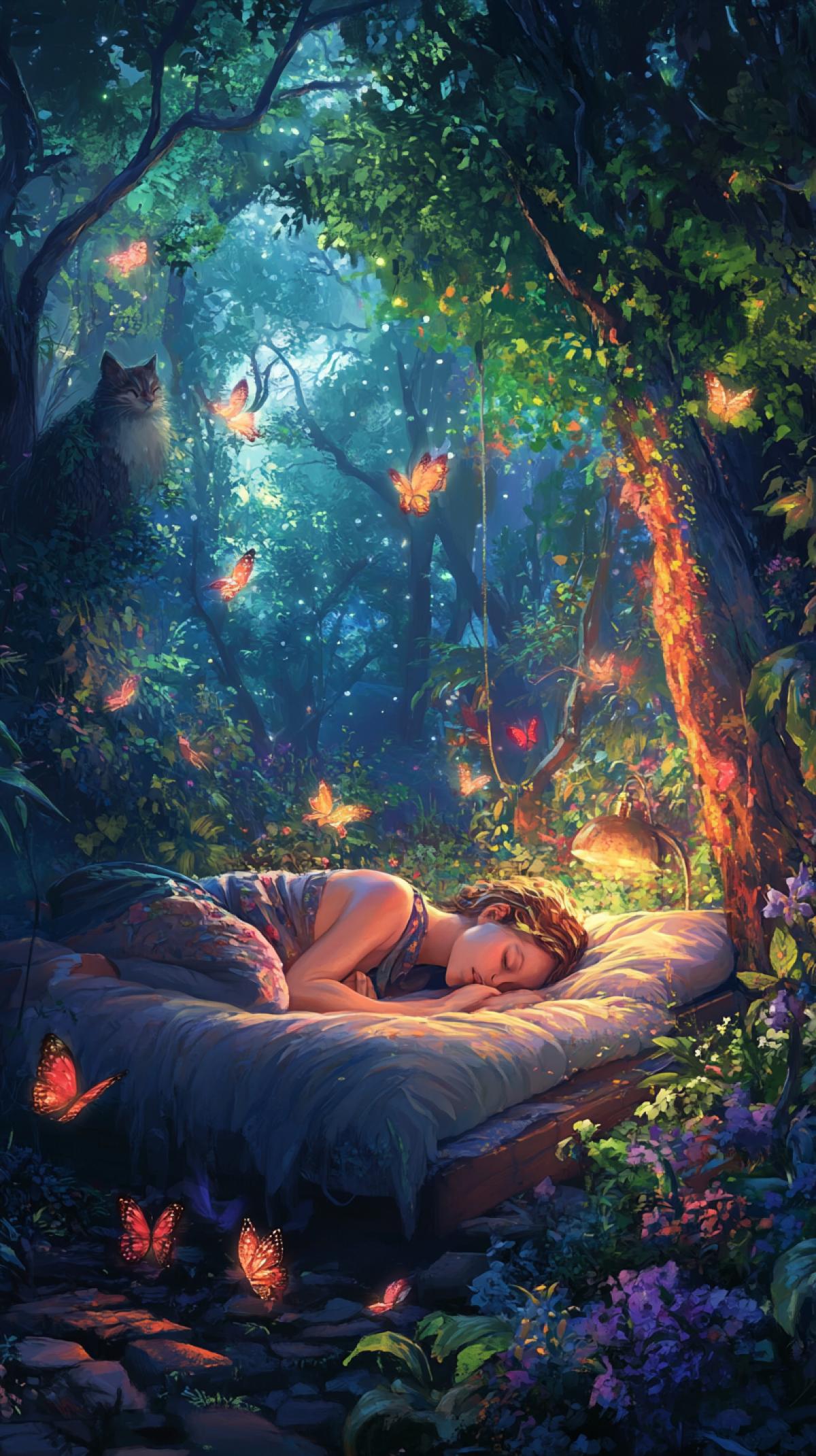 An image where sleeping people or animals will be the main characters. Let the scene conveys the atmosphere of peaceful sleep, where each element whether it is a cozy bedroom, a magical forest or a fabulous landscape enhances the feeling of rest and dreaminess.