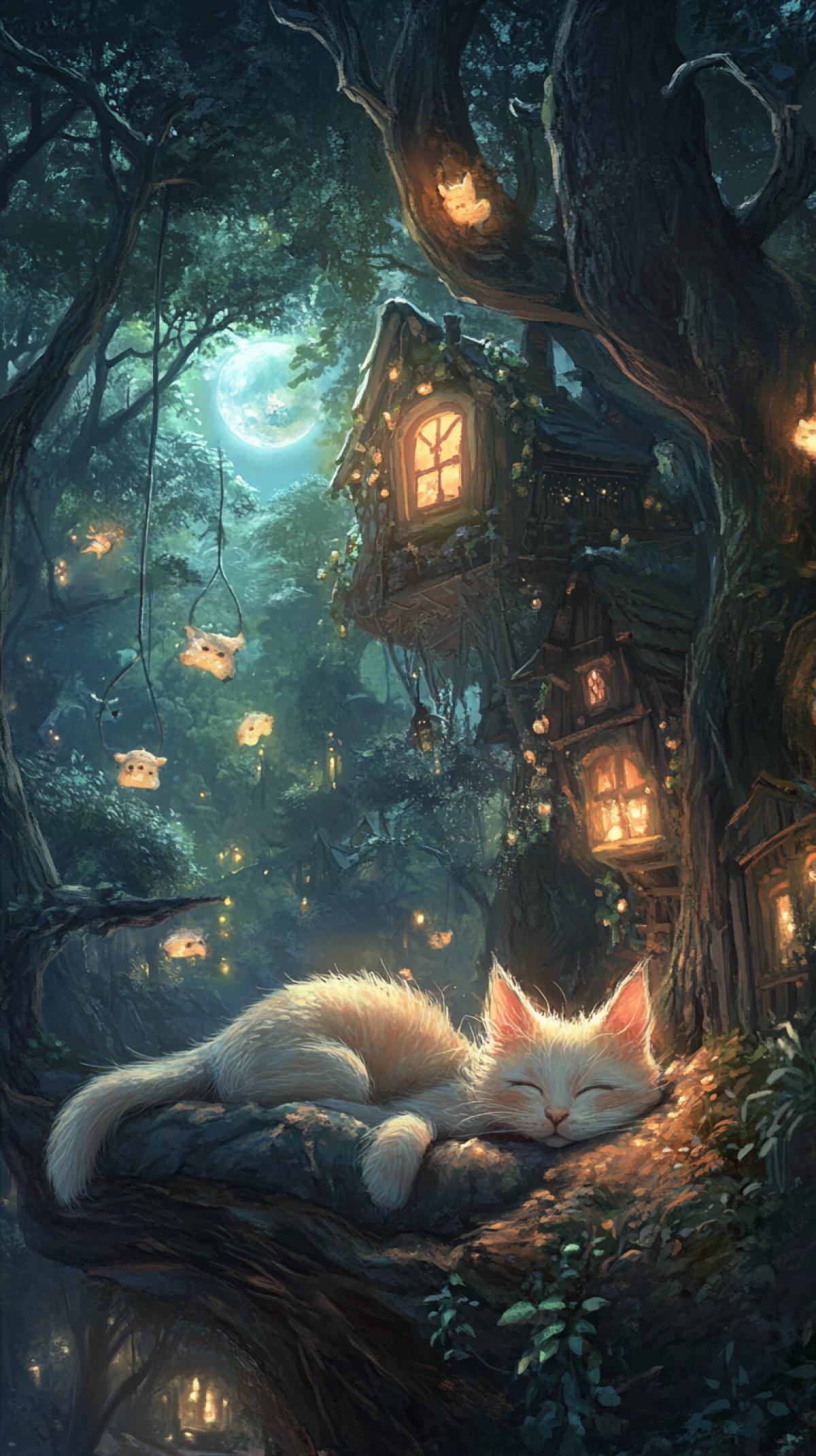 An image where sleeping people or animals will be the main characters. Let the scene conveys the atmosphere of peaceful sleep, where each element whether it is a cozy bedroom, a magical forest or a fabulous landscape enhances the feeling of rest and dreaminess.