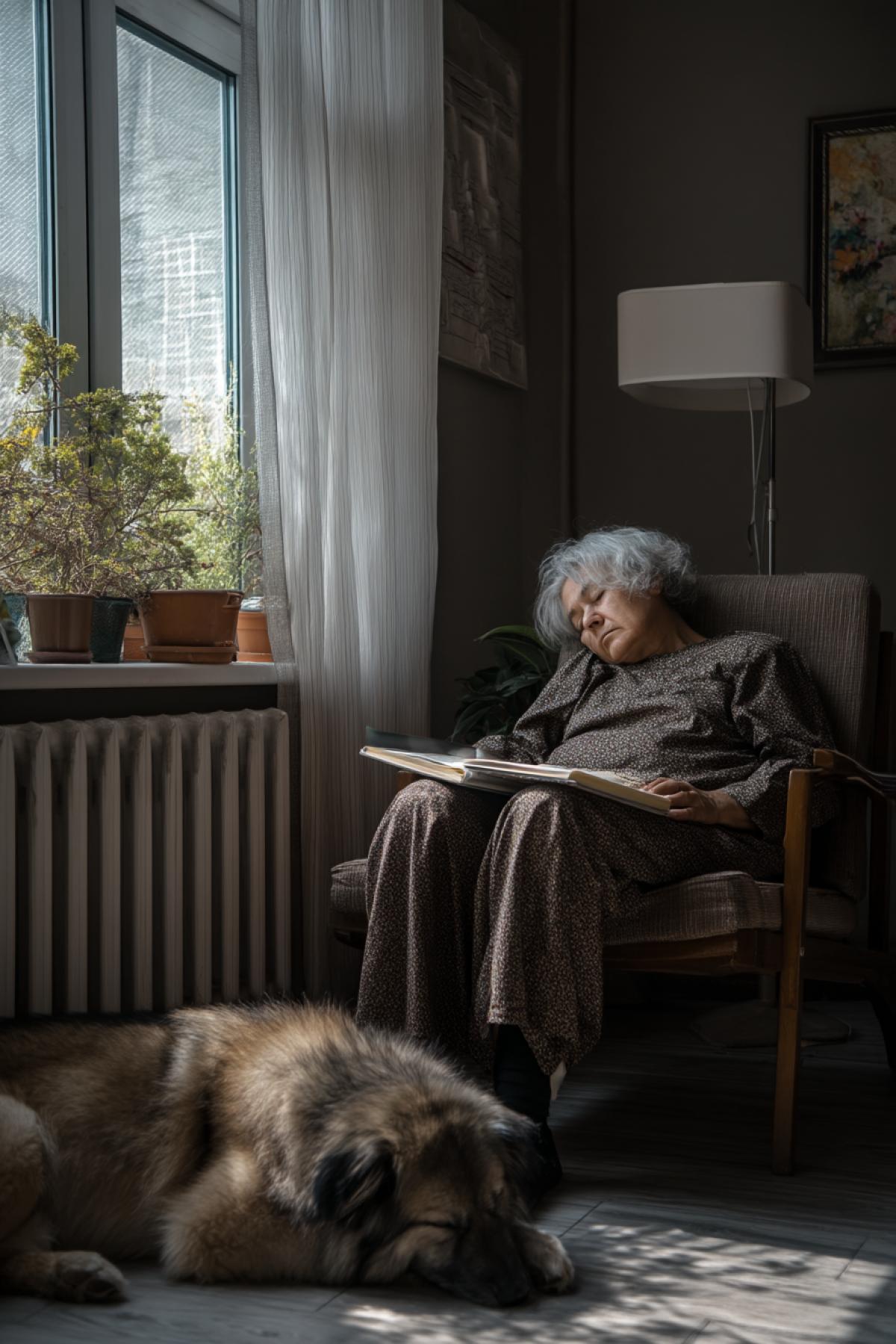 An elderly woman is sleeping in a chair-box by the window, the book is open on his knees, behind the glass-a spring garden in color. The light slides through her gray hair, a dog sleeps next to the floor. Studio lighting, realism, comfort, home silence, 85mm lens, f/1.8, depth of sharpness, parts of furniture and face.