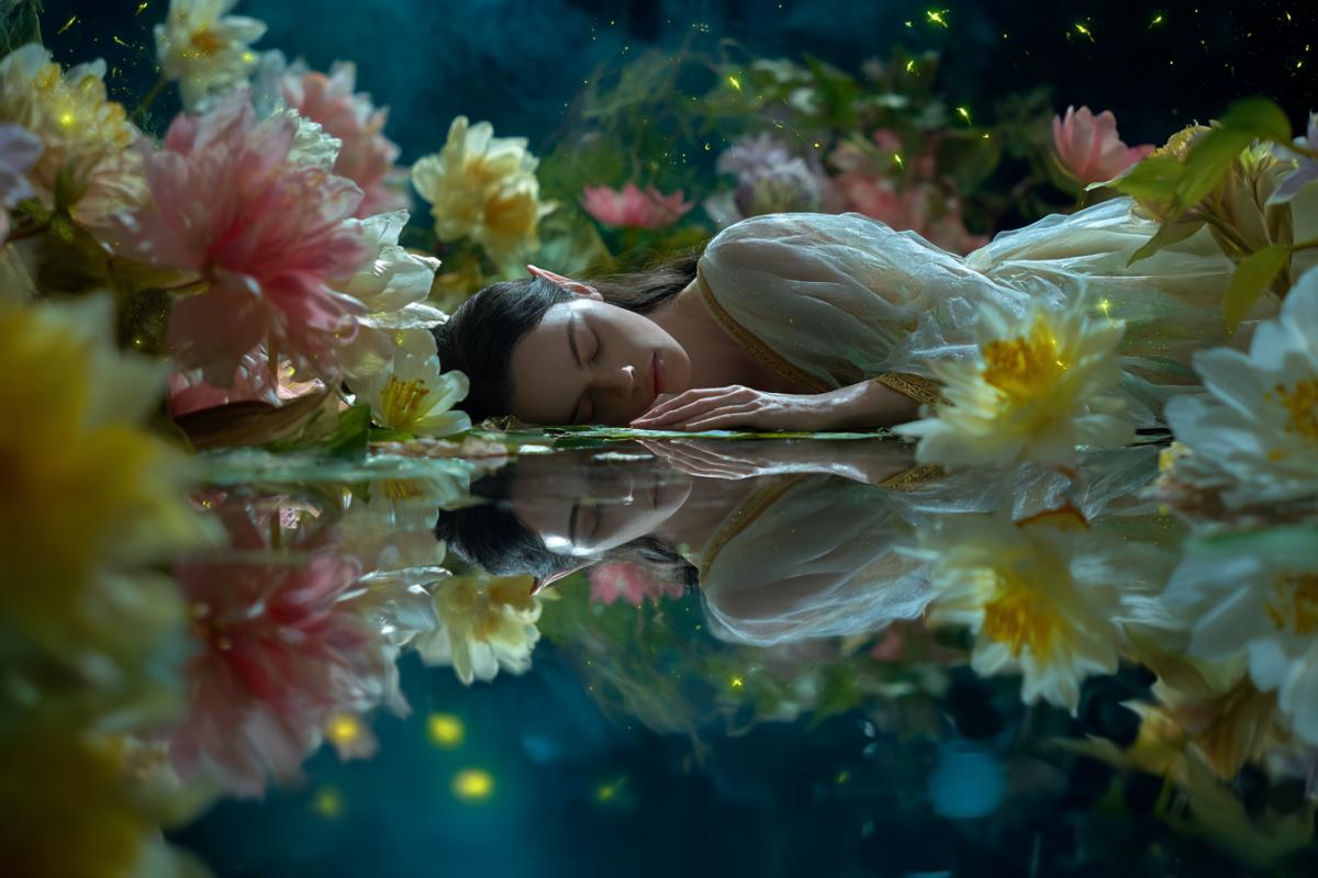 The elf in a light dress sleeps on the surface of a mirror lake, as if soaring on the water. Around luminous flowers, firefly fly over it. The full moon is reflected in the water. Fairytale atmosphere, fantasy-hyperrealism, soft light, reflection, magical realism, perfect color balance.