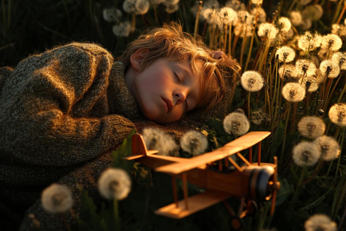 The boy is sleeping in the field among dandelions, the solar sunset illuminates his face. He is in an old sweater, in the grass nearby a plaything aircraft. The camera is shot from above, the perspective from the drone. A romantic atmosphere, soft sunset light, hyperedetalization, pollen of dandelions in the air, realism + fabulous stroke.