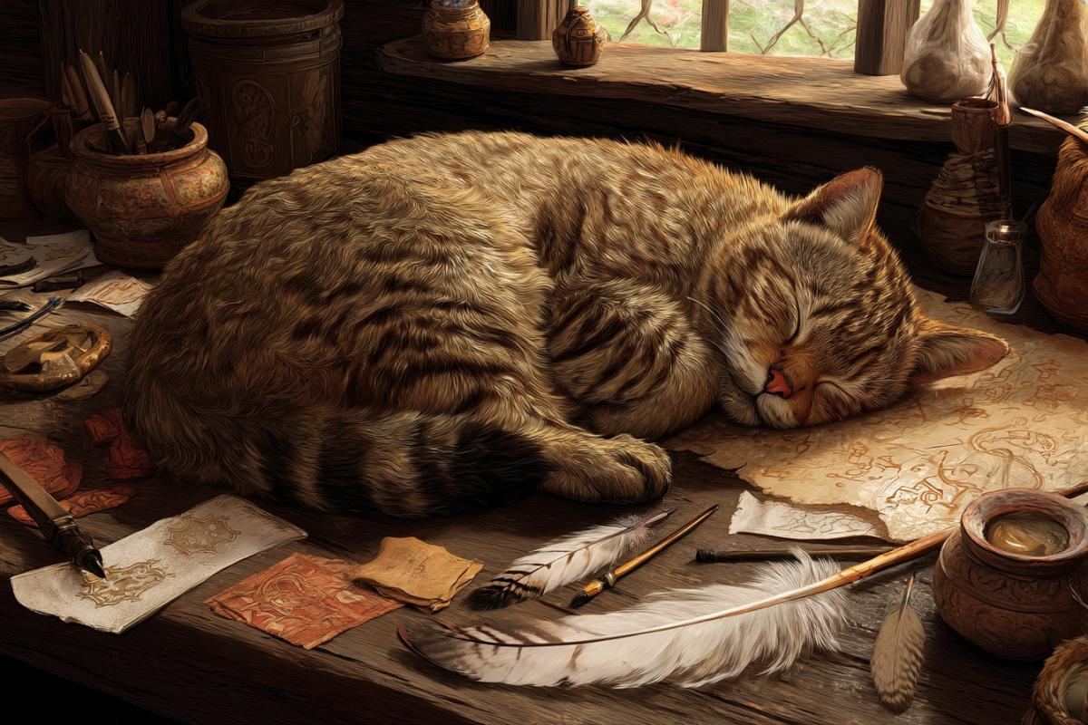 A big cat sleeps, curled up on a table among ancient inknings, scrolls and feathers. His ear pulls, as if he hears something in a dream.