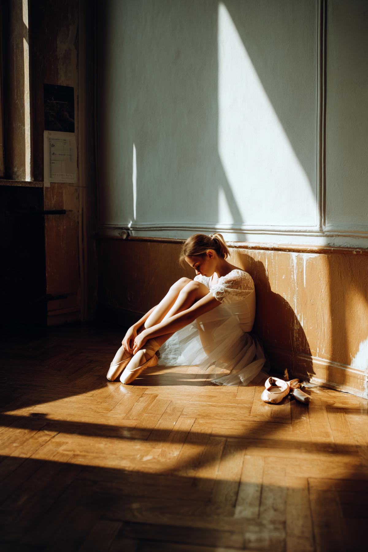 The young ballerina in a white Triko and a pack, falling directly on the rehearsal, sitting on the floor against the wall of the ballet hall. Soft sunlight slides over the parquet, the pointeas lie nearby.
