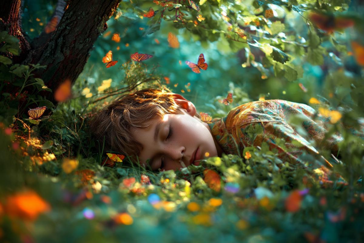 The boy sleeps on the grass in the summer garden, under a tree, surrounded by butterflies and bright colors. Solar spots break through the foliage.
