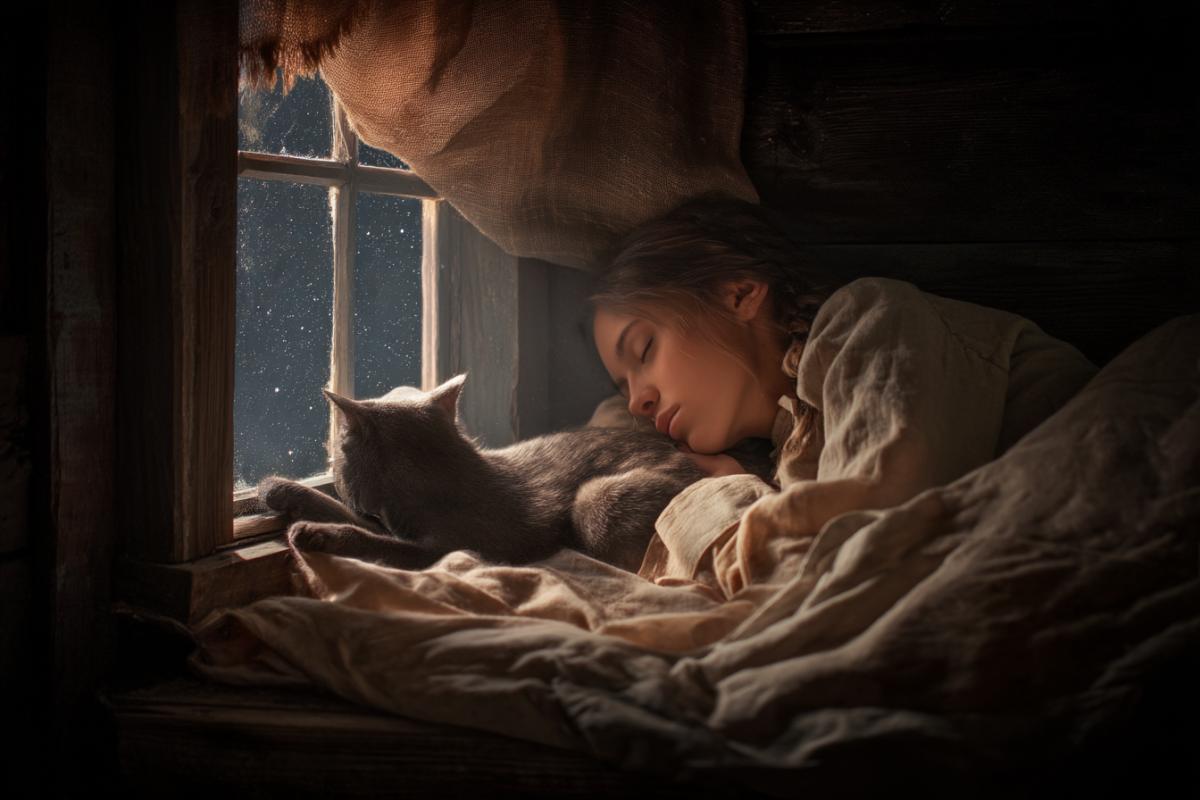 A quiet bedroom in the attic of an old house, a girl sleeps in a soft moonlight, hiding in a small cage with a blanket. Near the girl a gray cat is sleeping, hanging his paw. A night starry sky is visible through the halfopen window. The air is filled with a warm atmosphere of comfort and peace. Photo style, realism, 8k, chiaroscuro, soft focus, cinematography.