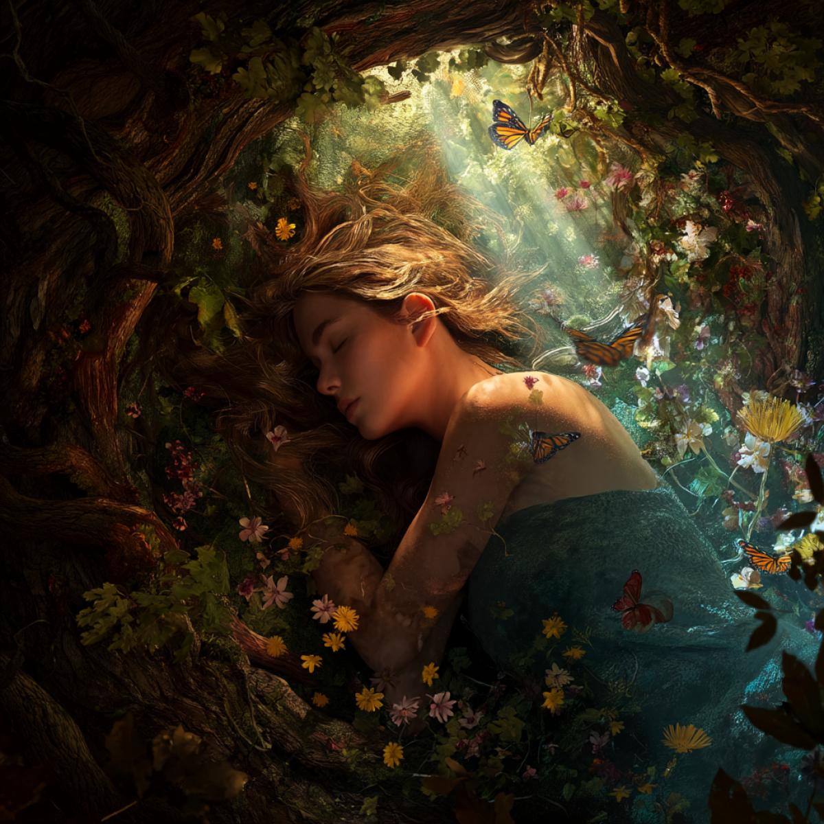 Forest nymph sleeps in the forest on the vines, it is surrounded by high winding trees, sunlight breaks through the foliage, butterflies are circled around, the clearing is dotted with flowers, photo Realibodic graphics, high detail