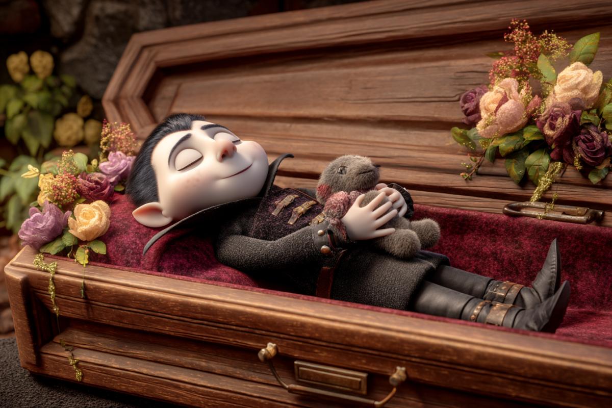 Vampire Kenai Sleep cute in a coffin with a plush plaything of a vampire, Pixar