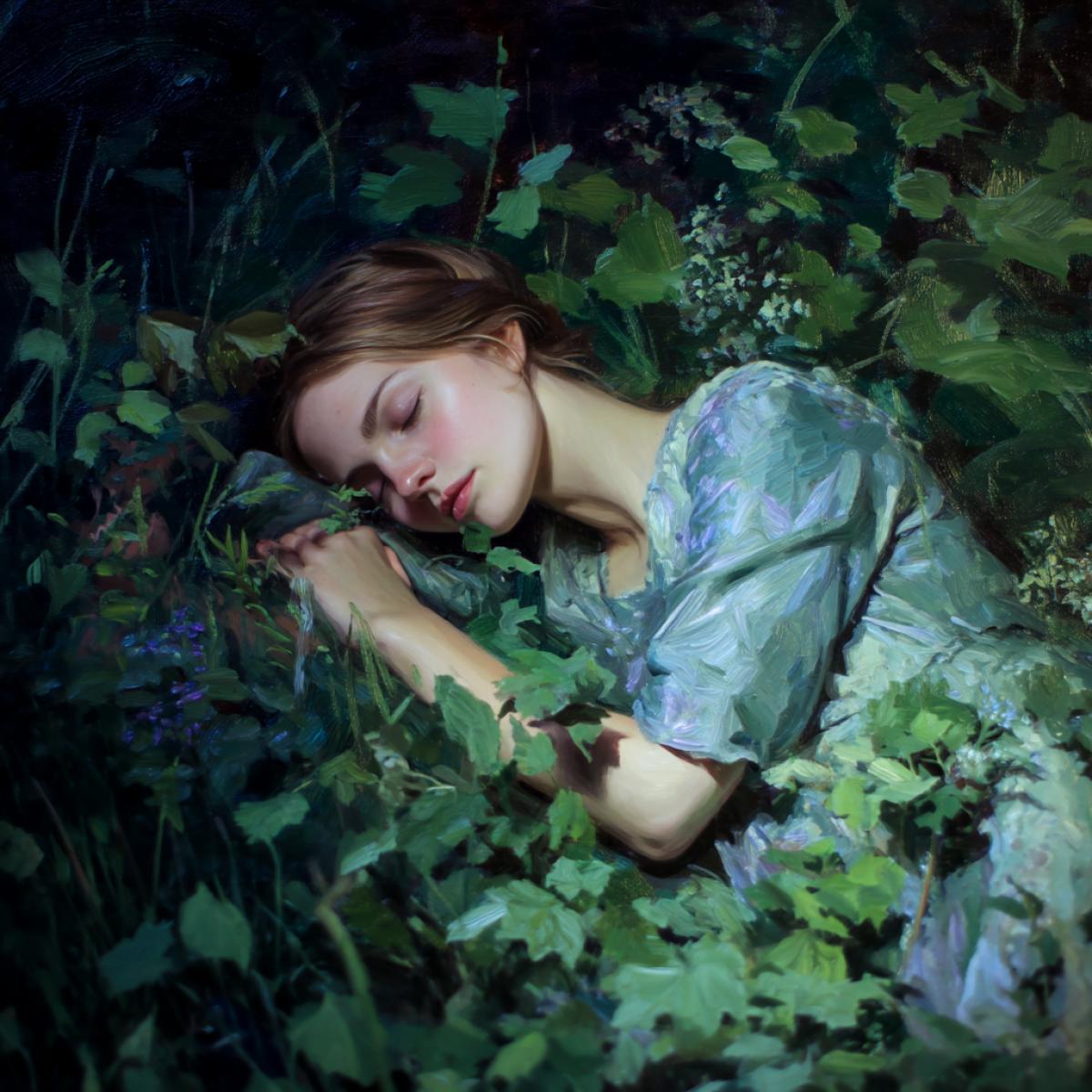 Forest nymph sleeps sweetly in the clearing, it surrounds the thick forest, lights, largescale photos, Realist schedule, high detailing through the foliage
