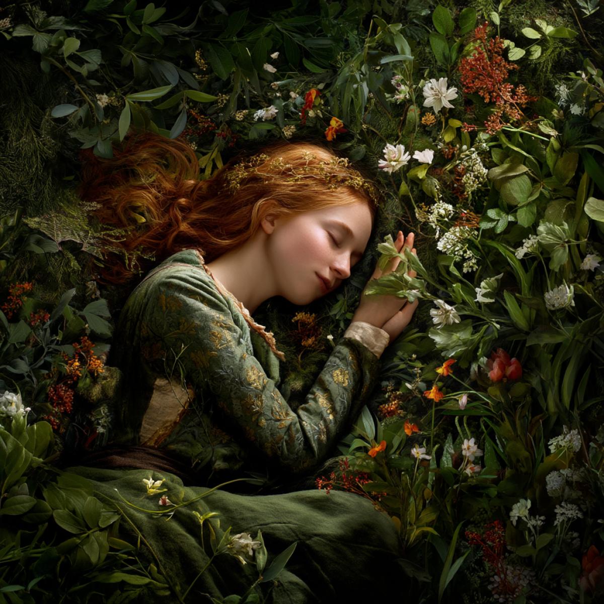 Little forest nymph sleeps sweetly in a clearing, it surrounds the thick forest, light, largescale photo, Realist schedule, high detail breaks through the foliage