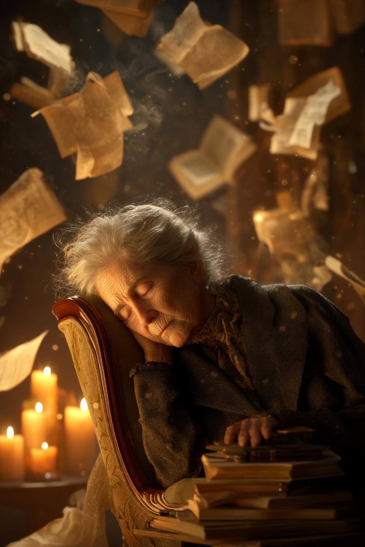 An elderly woman sleeps, sitting in an old chair in a room filled with flying books and a soft golden light from candles. Her gray hair is beautifully laid out on the shoulders, on her face peace. The air is full of magic: the pages of books slowly turn over by themselves, dust flows sparkle in the air. Warm color scheme, vintage atmosphere, hyperrealism, chiaroscuro, focus on the expression on the face and details of objects. 8k, photorealism, magical realism.