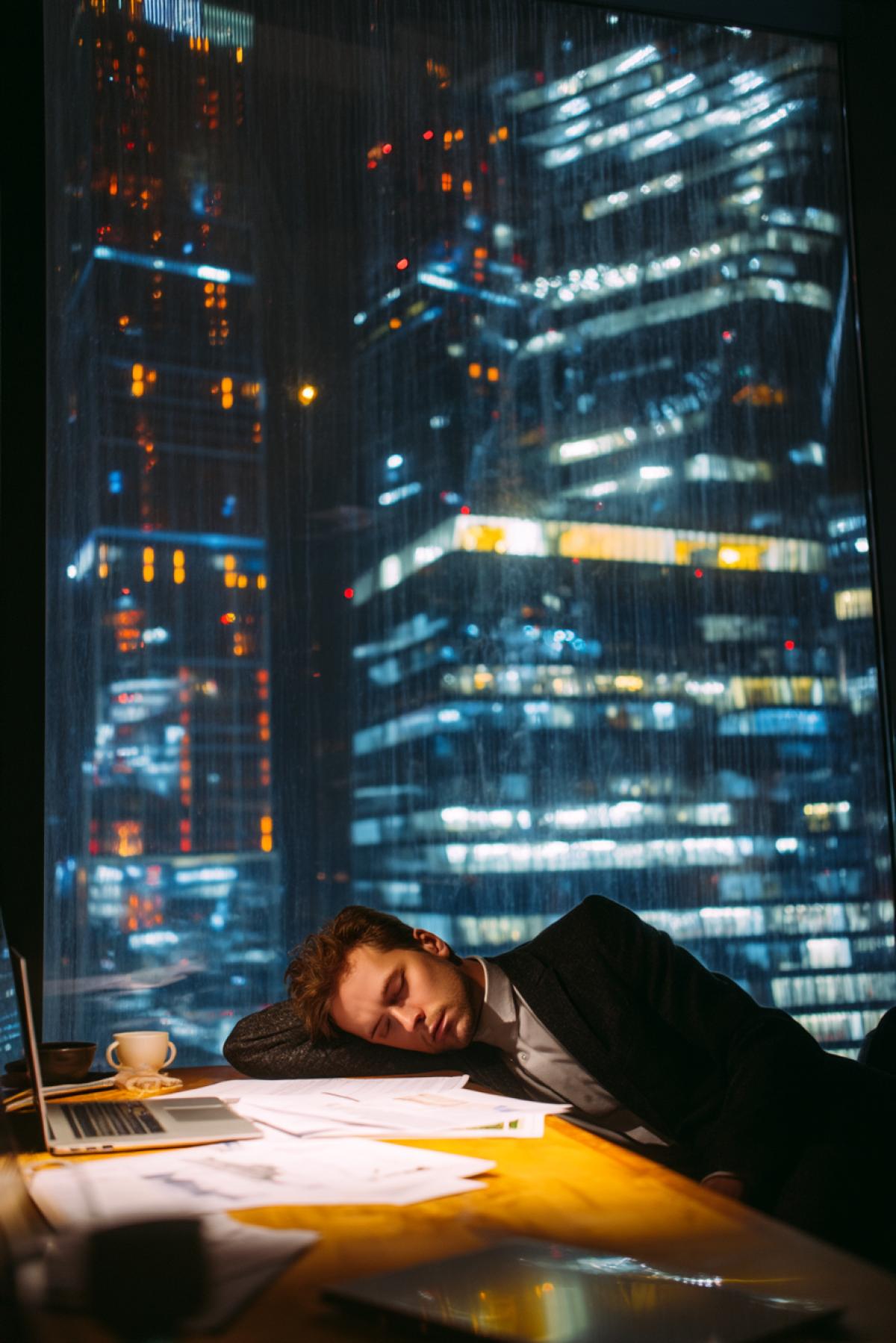 A man in a business suit is sleeping, lying on a long table for negotiations in a skyscraper, and behind a glass wall a night metropolis, illuminated by lights. One hand hangs down, on the face fatigue and relief. On the table are documents, a laptop, a broken cup of coffee. The contrast of warm inner light and cold external city. Modern artistic style, chiaroscuro, realism, kinematographic com4k.