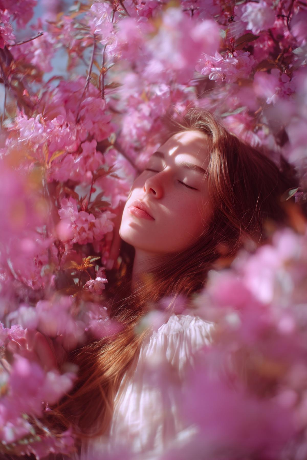 A young woman sleeps, as if soaring in the air between the branches of the flowering sakura her is weightlessly supported by flourishing branches, like a soft cradle. Her long hair flows freely down, and a light dress swaying in the morning breeze. Sakuras petals slowly fall through the air, touching her face. Morning multiple light, pastel gamma, soft focus, atmospheric magic of sleep. Hyperrealism with elements of fabulous surrealism, closeup, vertical frame, masterpiece of art photography.
