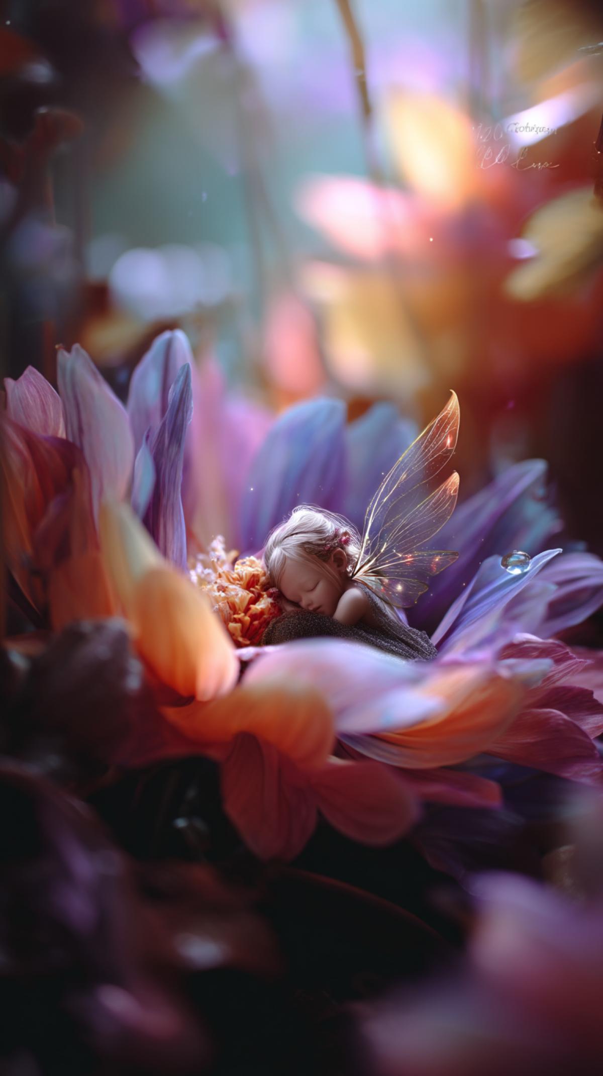 A sleeping fairy nestled within a big flower, magical forest, bokeh effect, delicate wings, ethereal, vibrant colors. [Camera Settings]