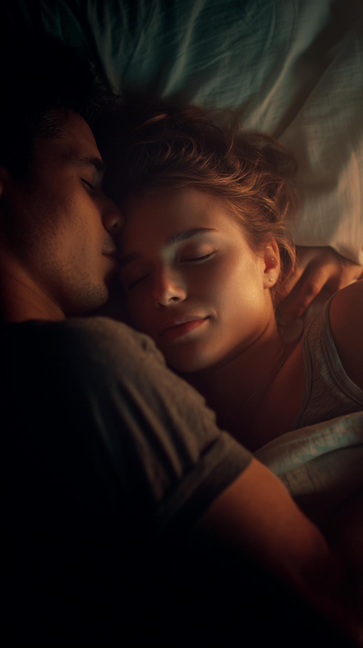 A couple cuddling and sleeping peacefully, 4k, romantic, soft lighting