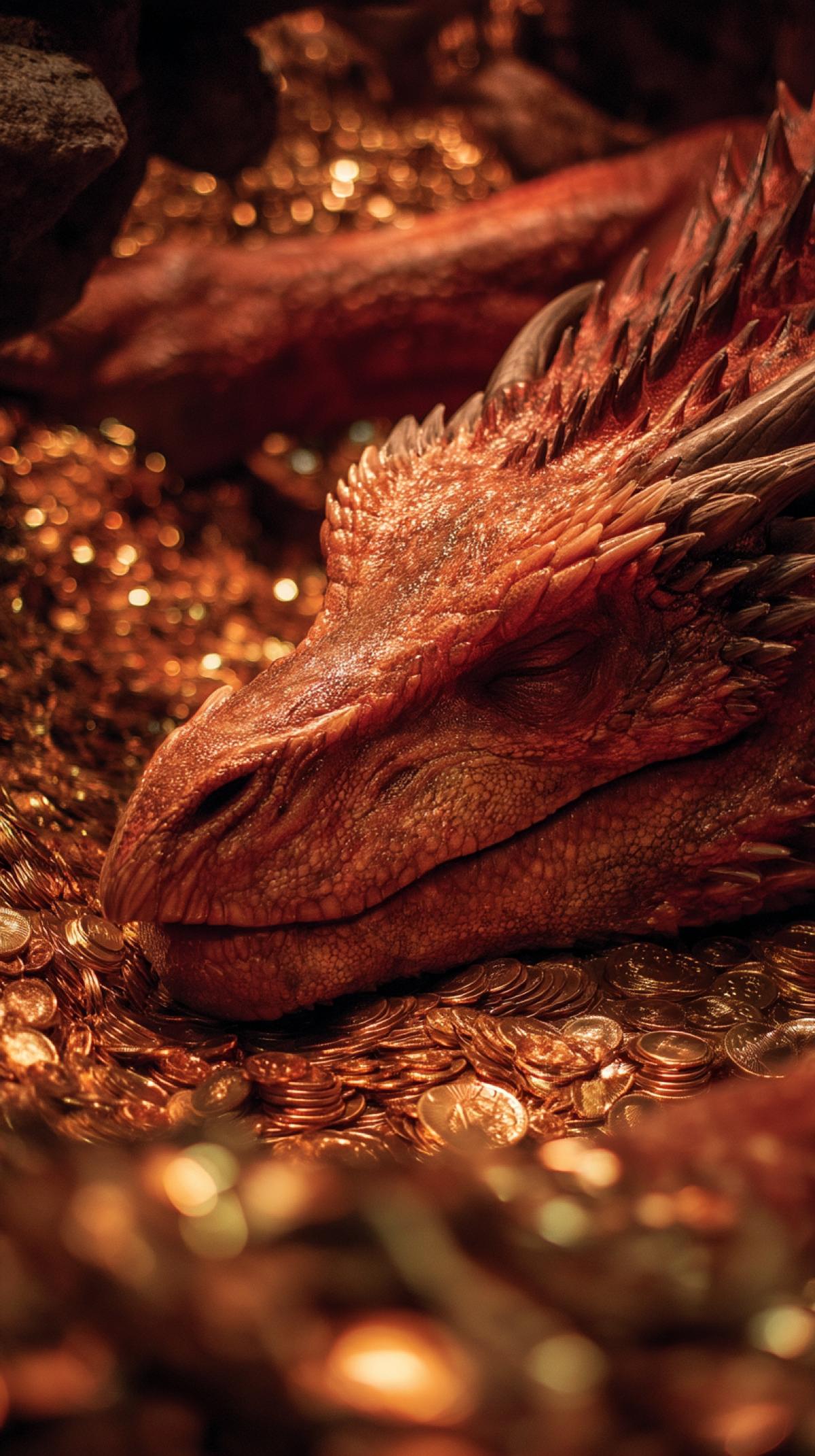 full-length, Smaug, sleeping, coiled around treasure, Tolkien, intricate details, cinematic lighting