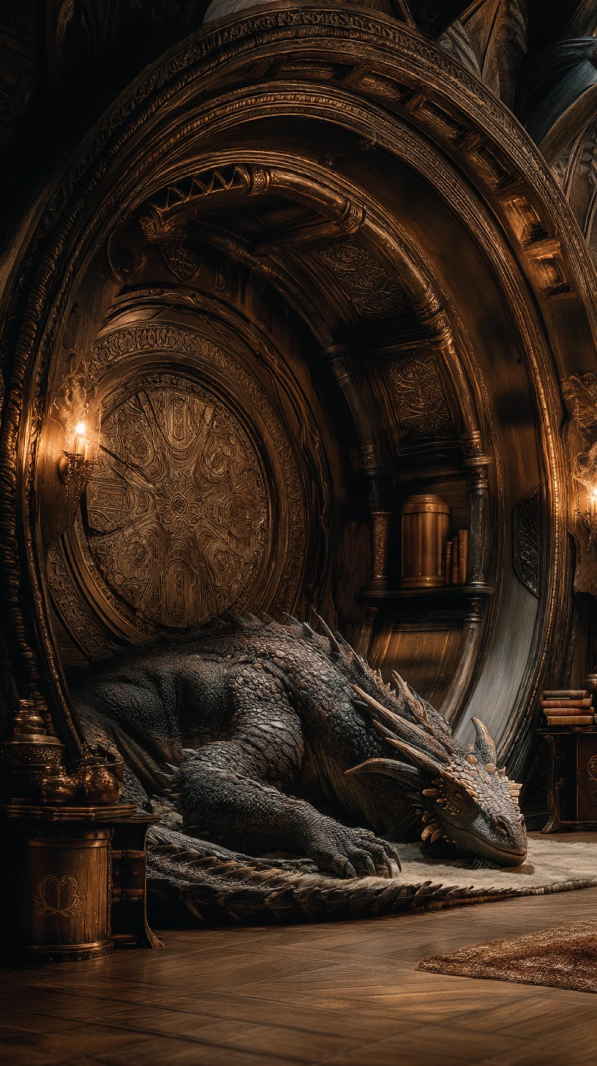 full-length, Smaug, sleeping, coiled around treasure, Tolkien, intricate details, cinematic lighting