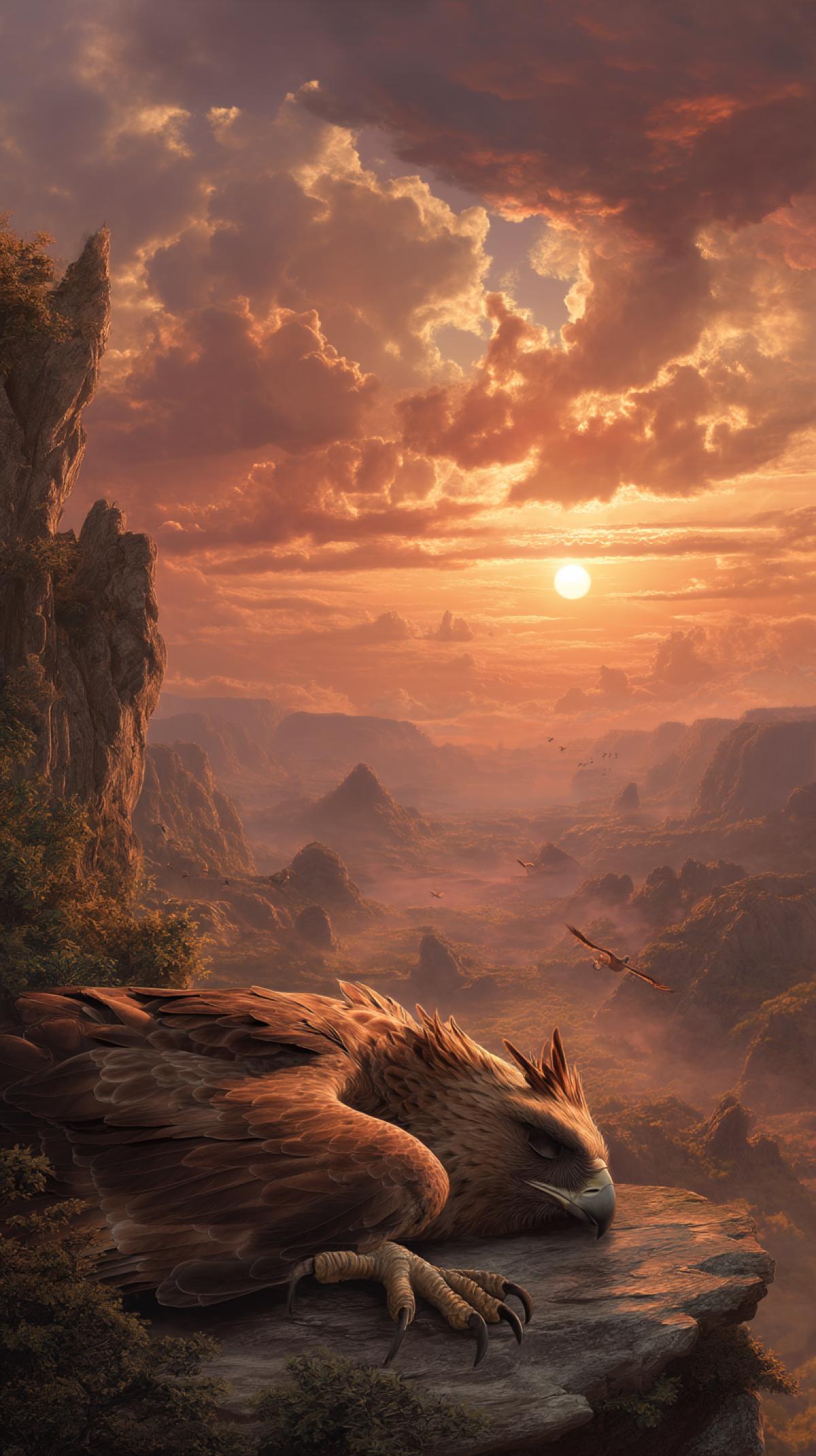 A sleeping griffin, perched atop a rocky cliff overlooking a vast, fantastical landscape, magical sunset, detailed feathers and claws, epic fantasy art, style expressive