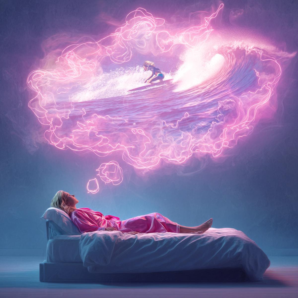 A sketch on a neon background, a sea tale, digital painting, a beautiful woman in a silk robe lies on her back in bed in the bedroom, her head on the pillow is a horizontal 4k, above the girl at the top in the speech cloud, a tiny blonde rolls on a surfing board on the waves, spray, inside the speech cloud of radiant smoke, neon nobris of silhouette, explosion, explosion, explosion Hyperdetalization,